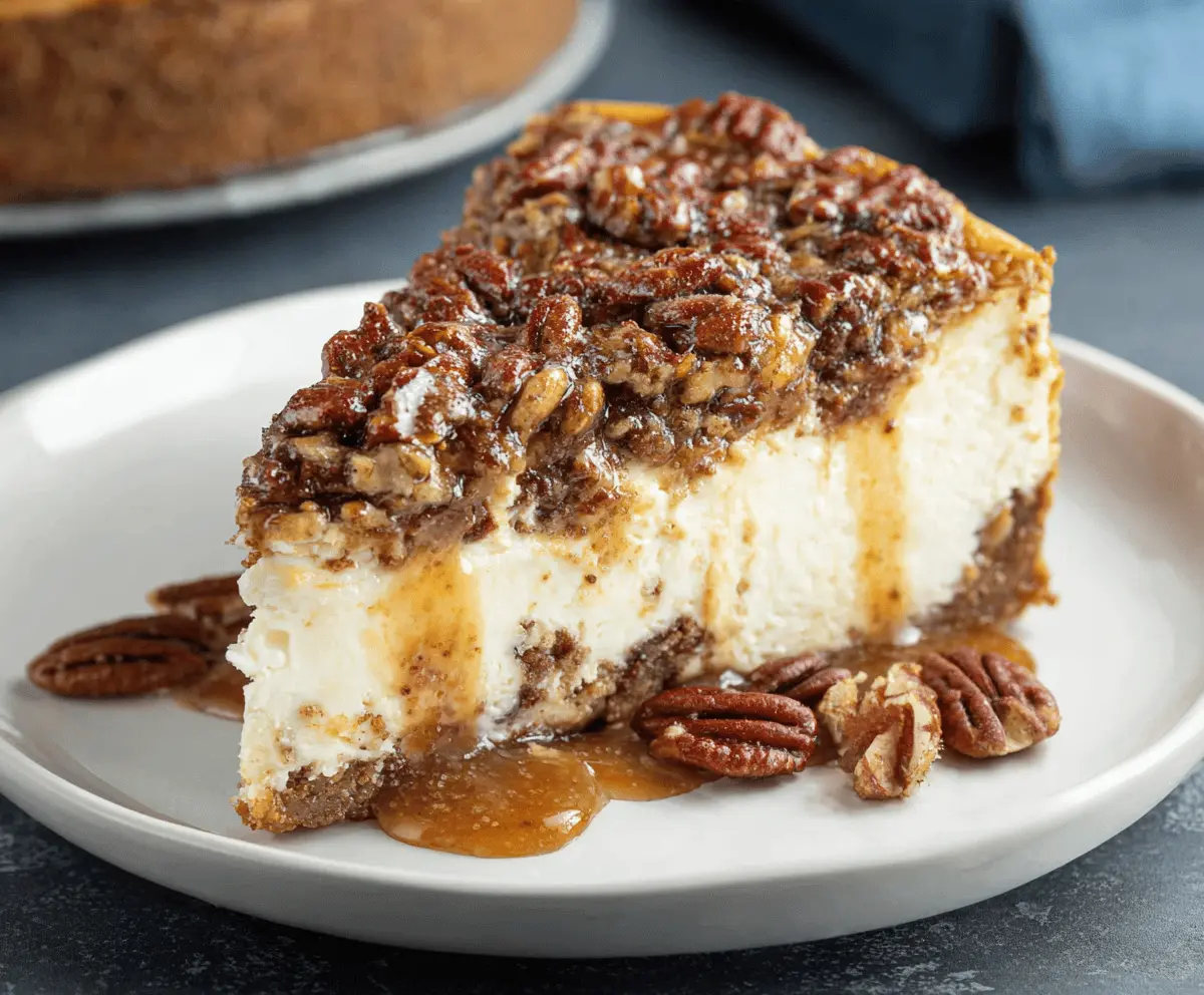 Delicious pecan pie cheesecake topped with caramelized pecans and whipped cream, ready to serve
