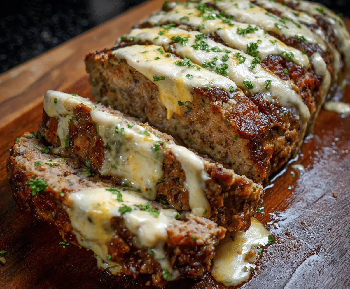 Delicious Philly Cheesesteak Meatloaf topped with melted cheese and sautéed peppers, served on a plate