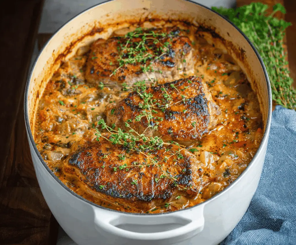 Delicious pork chop casserole topped with melted cheese and fresh herbs, served in a cozy dish.