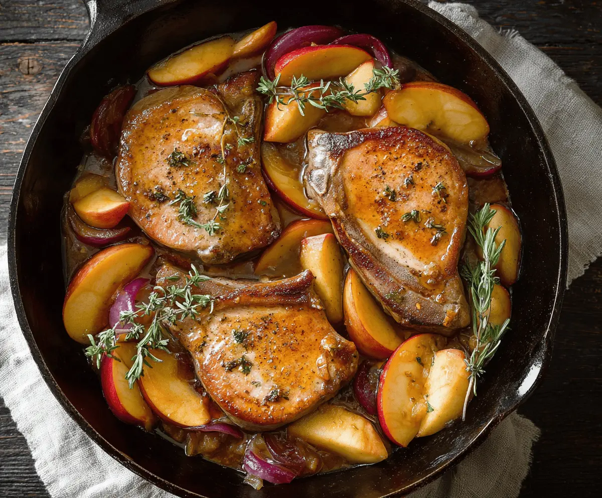 Delicious pork chops topped with caramelized apples and onions, served on a plate for a flavorful meal