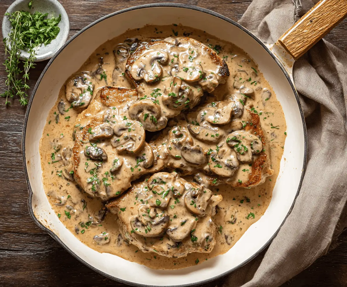 Juicy pork chops topped with creamy mushroom soup served on a plate, garnished with herbs for a flavorful meal