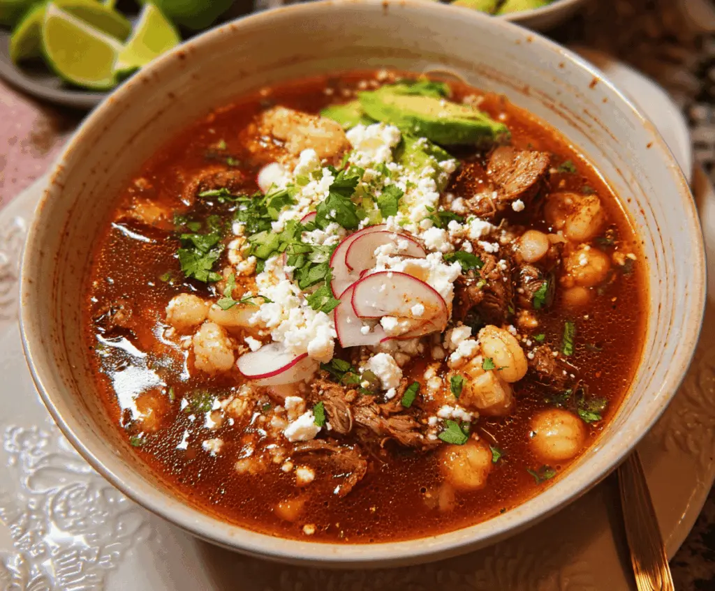 A bowl of steaming pozole soup garnished with shredded lettuce, radishes, lime wedges, and cilantro, served with corn tortillas on the side.