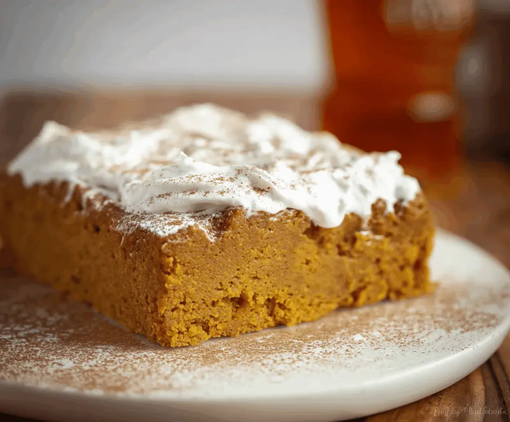 Delicious pumpkin 3-ingredient cake with moist texture, topped with whipped cream and pumpkin seeds, perfect for fall desserts