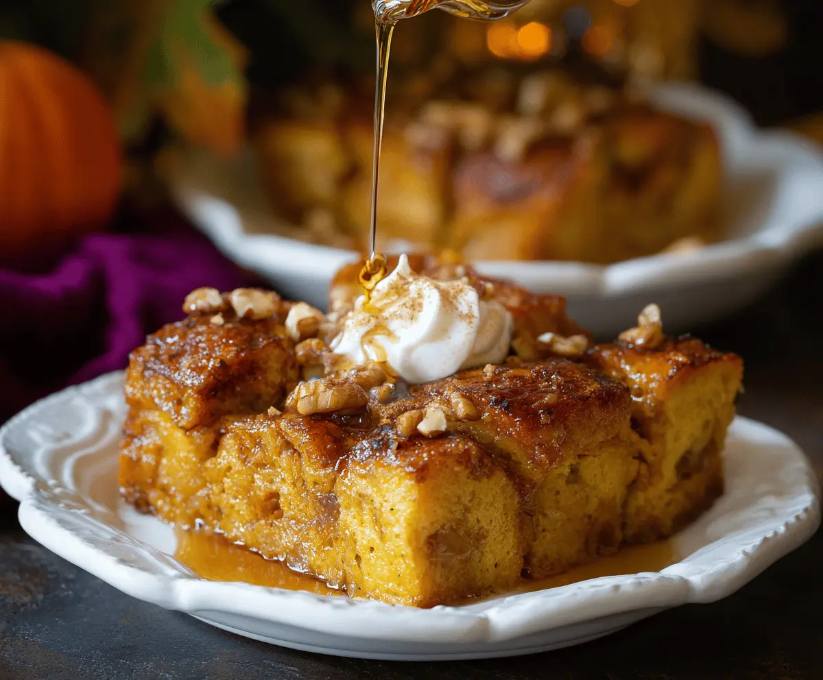 Delicious Pumpkin Bread Pudding topped with whipped cream and cinnamon, served as a warm fall dessert