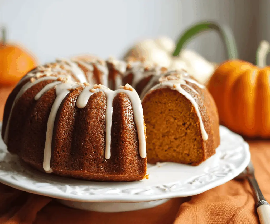 Delicious homemade pumpkin bundt cake topped with cream cheese glaze and sprinkles, perfect for fall celebrations.