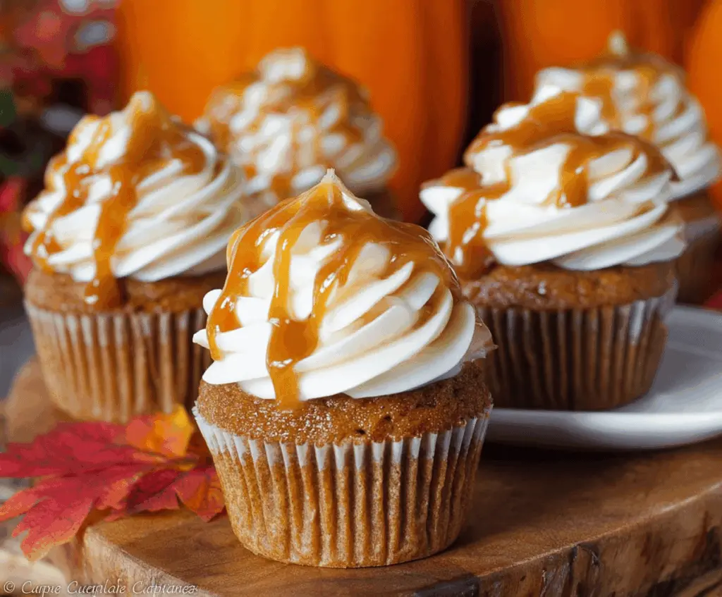 Delicious homemade pumpkin caramel cupcakes topped with creamy frosting and caramel drizzle, perfect for fall desserts