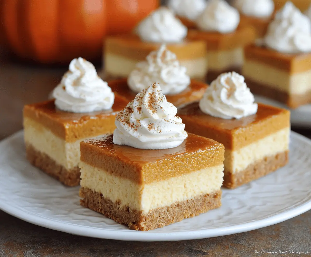 Delicious Pumpkin Cheesecake Bars topped with whipped cream and a cinnamon garnish on a rustic wooden platter, perfect for fall desserts