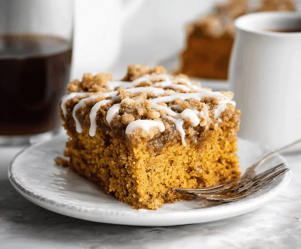 Delicious pumpkin cinnamon coffee cake topped with a swirl of cinnamon and glaze, perfect for breakfast or dessert.