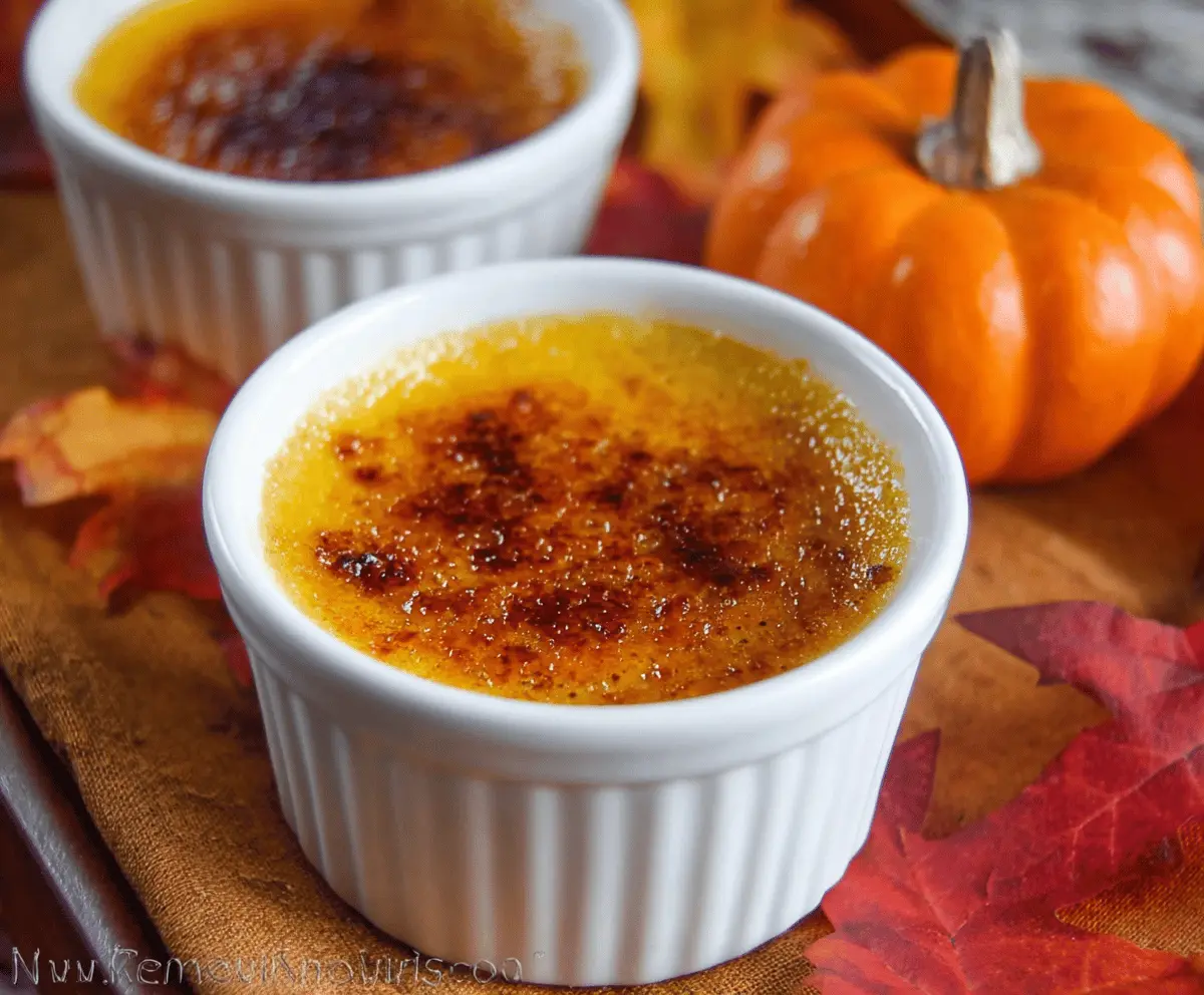 Creamy pumpkin crème brûlée topped with caramelized sugar, served in a ramekin, perfect for fall desserts.