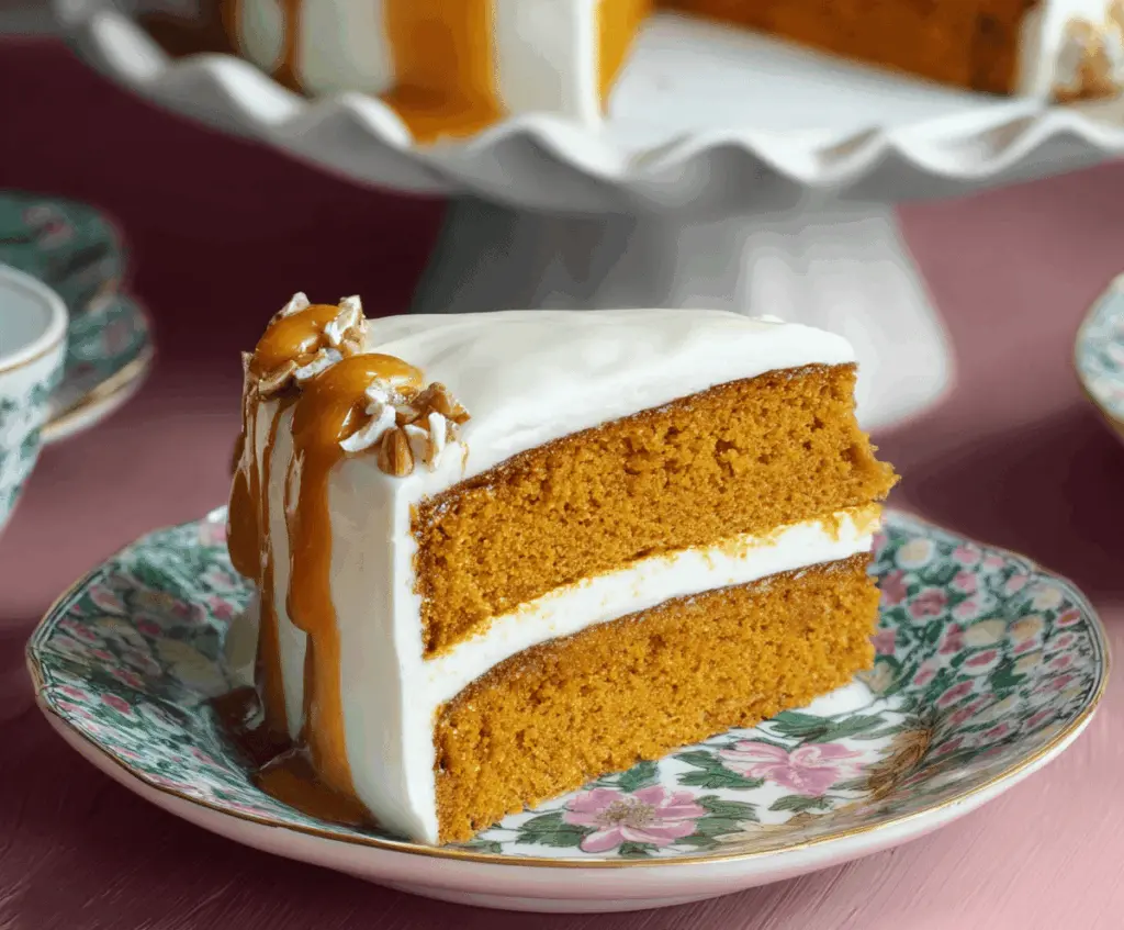 Delicious pumpkin layer cake with cream cheese frosting and decorative fall toppings, perfect for autumn desserts.