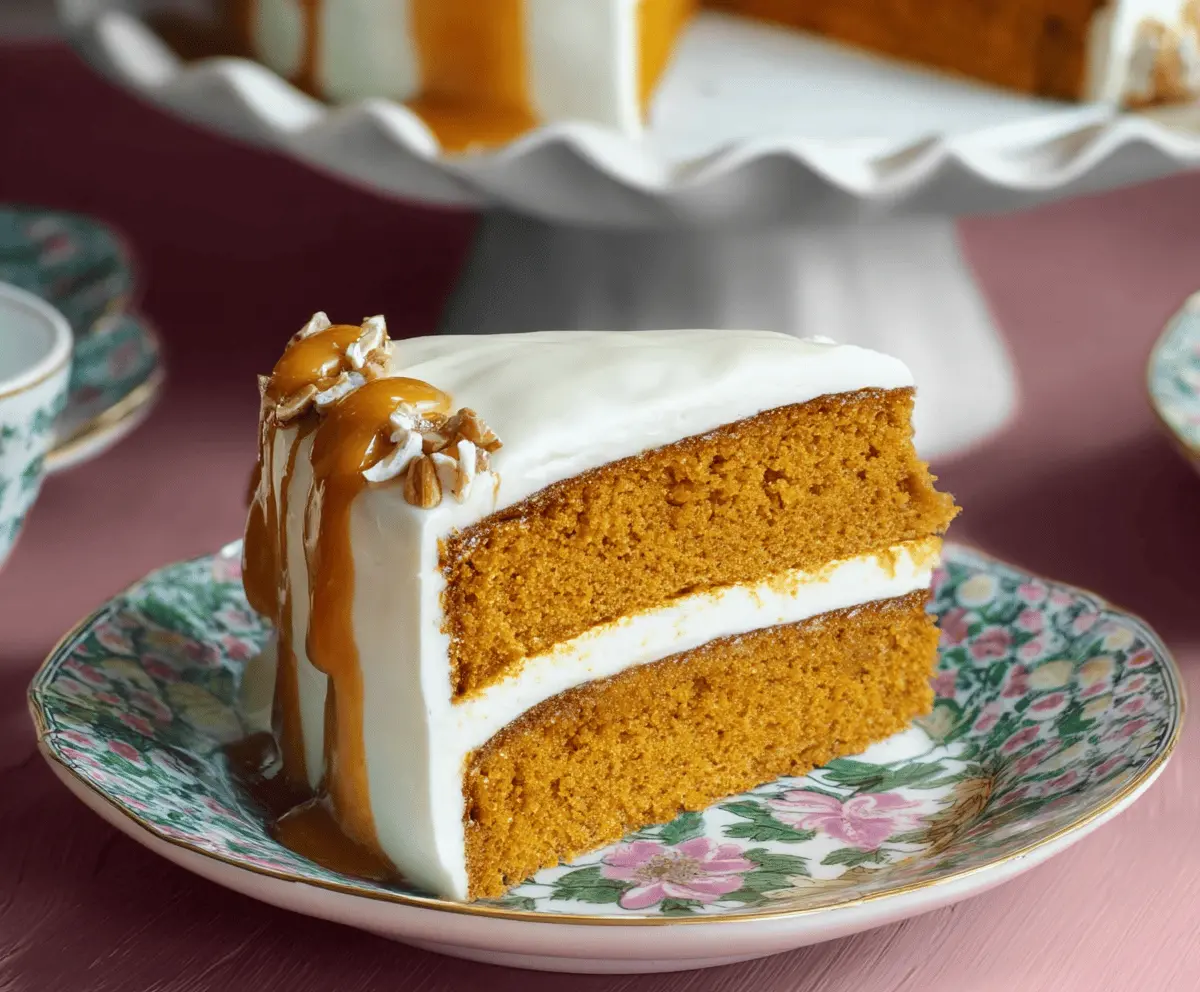 Delicious pumpkin layer cake with cream cheese frosting and decorative fall toppings, perfect for autumn desserts.