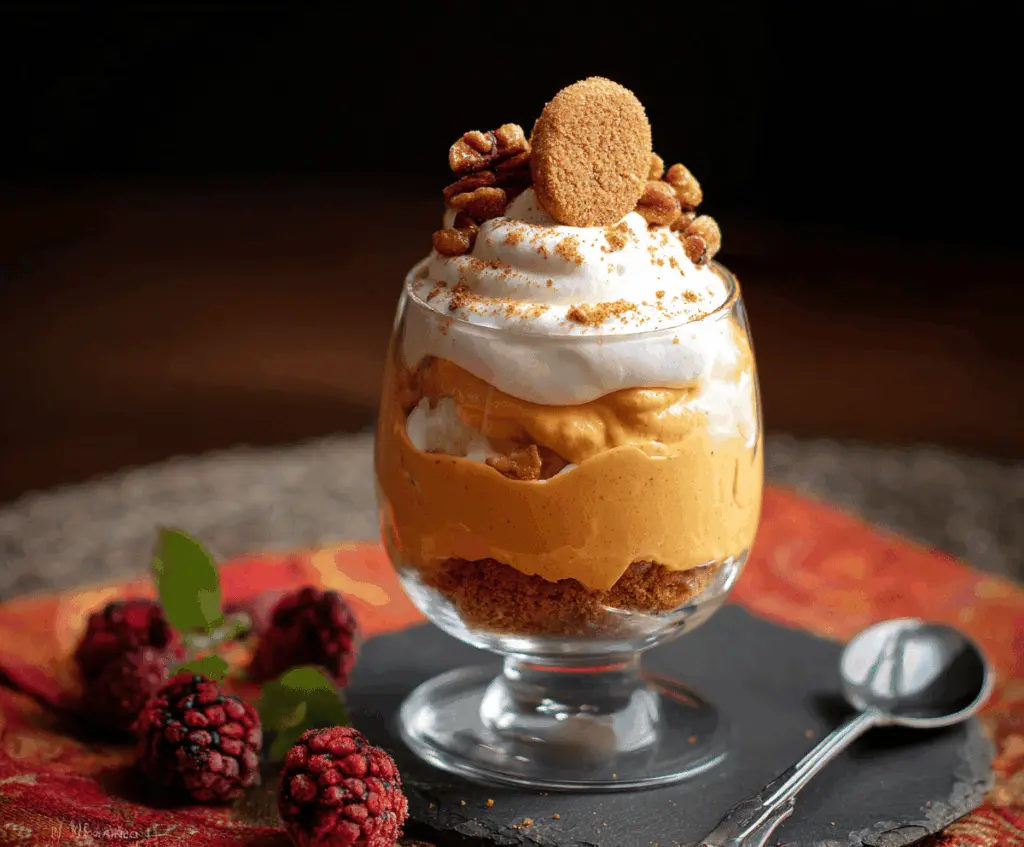 Creamy pumpkin mousse layered with whipped cream and garnished with cinnamon, served in a glass parfait for a delicious fall dessert.