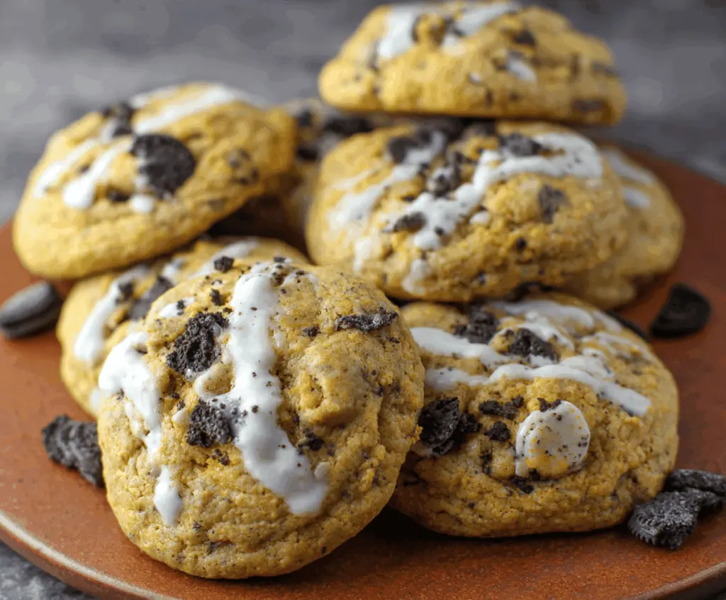 Delicious homemade Pumpkin Oreo White Chocolate Cookies on a plate, featuring a festive fall treat with pumpkin, Oreo cookies, and white chocolate chunks.