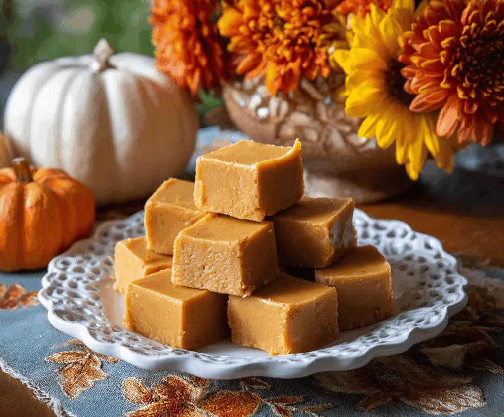 Creamy pumpkin peanut butter fudge topped with crushed peanuts and cinnamon, perfect for fall treats.
