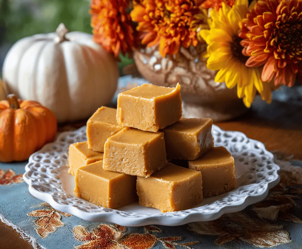 Creamy pumpkin peanut butter fudge topped with crushed peanuts and cinnamon, perfect for fall treats.