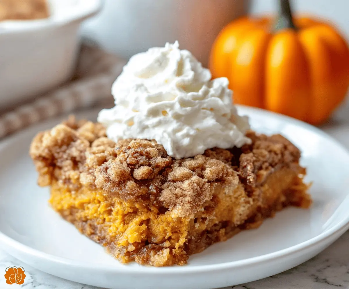 Delicious Pumpkin Pie Dump Cake topped with whipped cream and cinnamon for a perfect fall dessert.