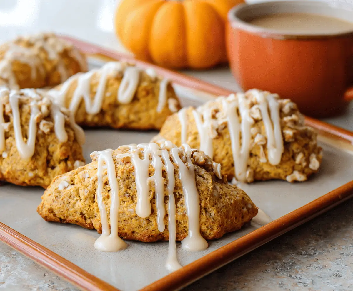 Freshly baked pumpkin scones topped with creamy maple icing on a rustic plate, perfect for fall breakfast or snack.