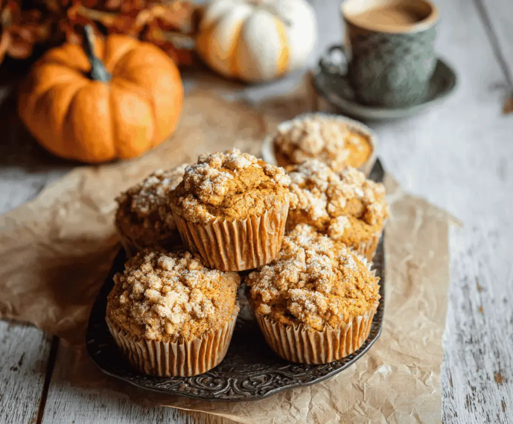Delicious pumpkin sourdough muffins topped with cinnamon sugar and fresh pumpkin seeds on a rustic wooden table