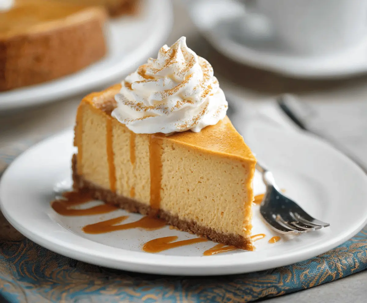 Creamy pumpkin spice cheesecake topped with whipped cream and cinnamon, perfect for fall desserts.