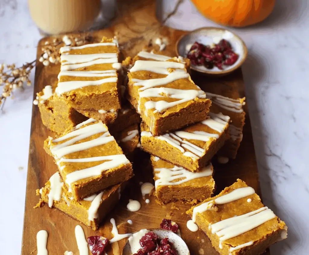 Delicious homemade pumpkin spiced bars topped with white chocolate and cinnamon, perfect for fall dessert.