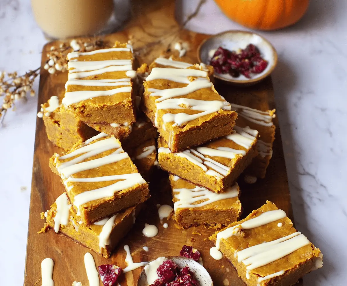Delicious homemade pumpkin spiced bars topped with white chocolate and cinnamon, perfect for fall dessert.