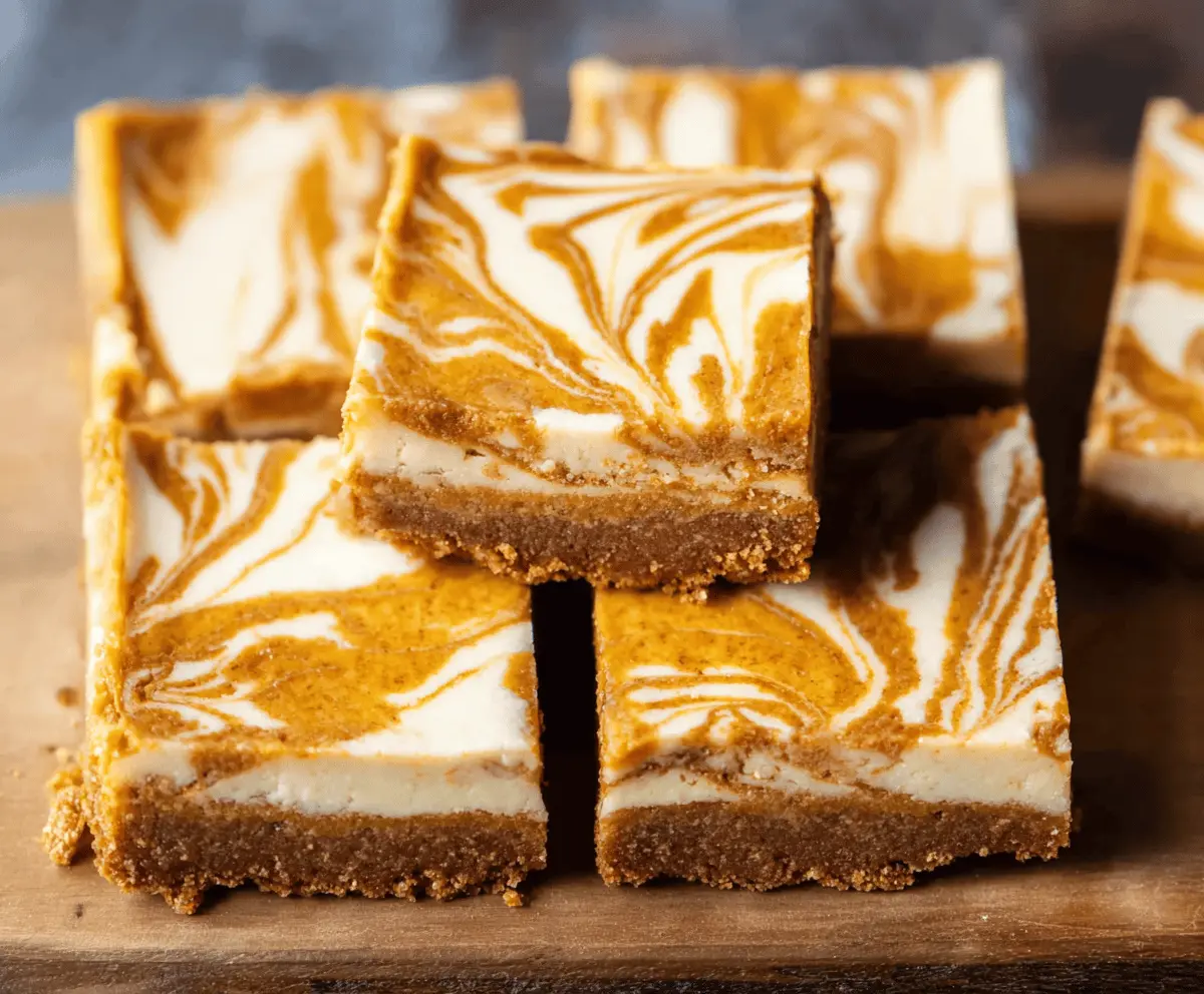 Delicious Pumpkin Swirl Cheesecake Bars topped with whipped cream and cinnamon, perfect for fall desserts.