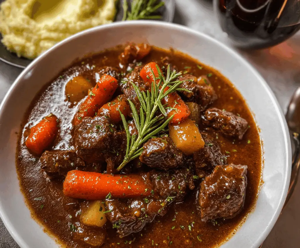 A hearty bowl of Red Wine Beef Stew with tender beef chunks, vegetables, and a rich, flavorful broth served in a rustic bowl.