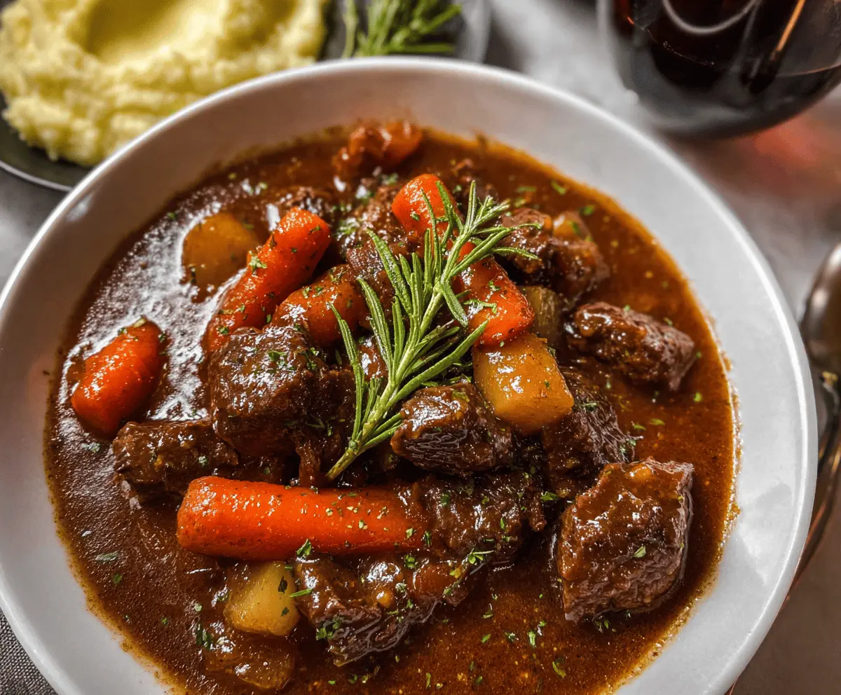 A hearty bowl of Red Wine Beef Stew with tender beef chunks, vegetables, and a rich, flavorful broth served in a rustic bowl.