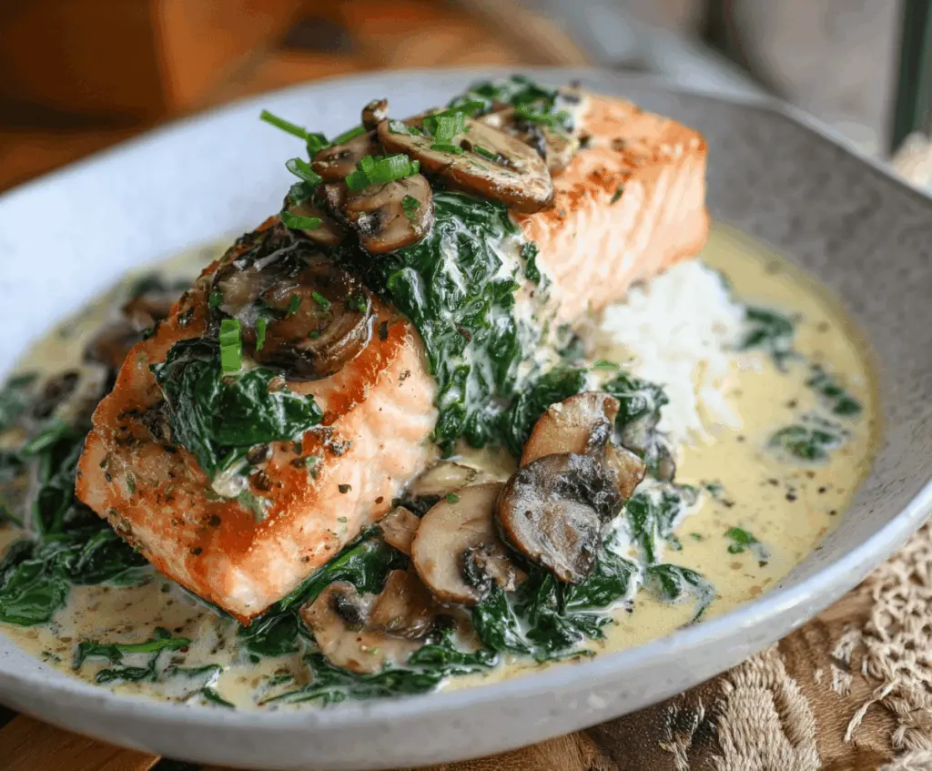 Delicious Salmon Florentine featuring tender salmon fillet topped with sautéed spinach and mushrooms, served on a white plate for a healthy and flavorful meal.