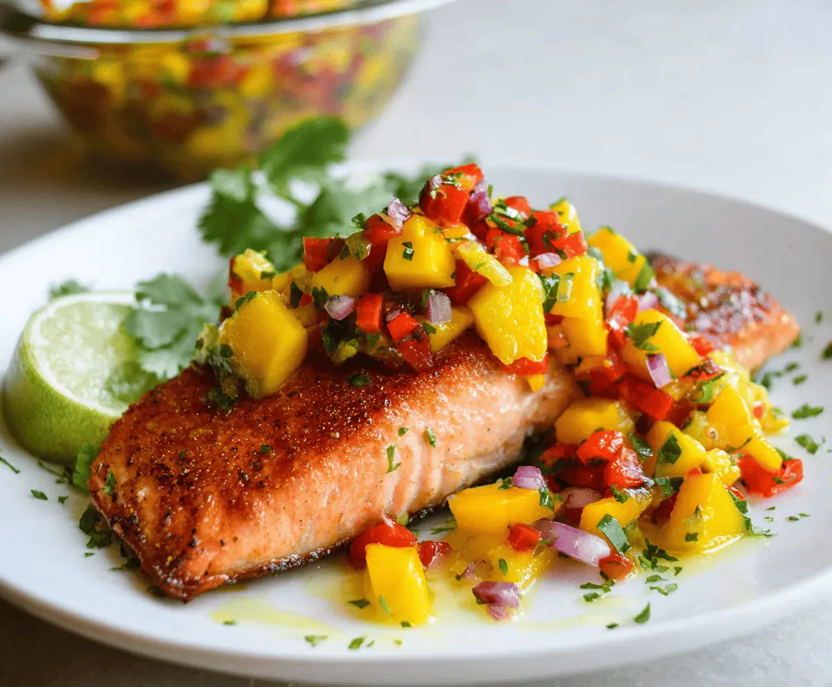 Fresh grilled salmon topped with vibrant mango salsa on a white plate, garnished with herbs, perfect for a healthy seafood meal.