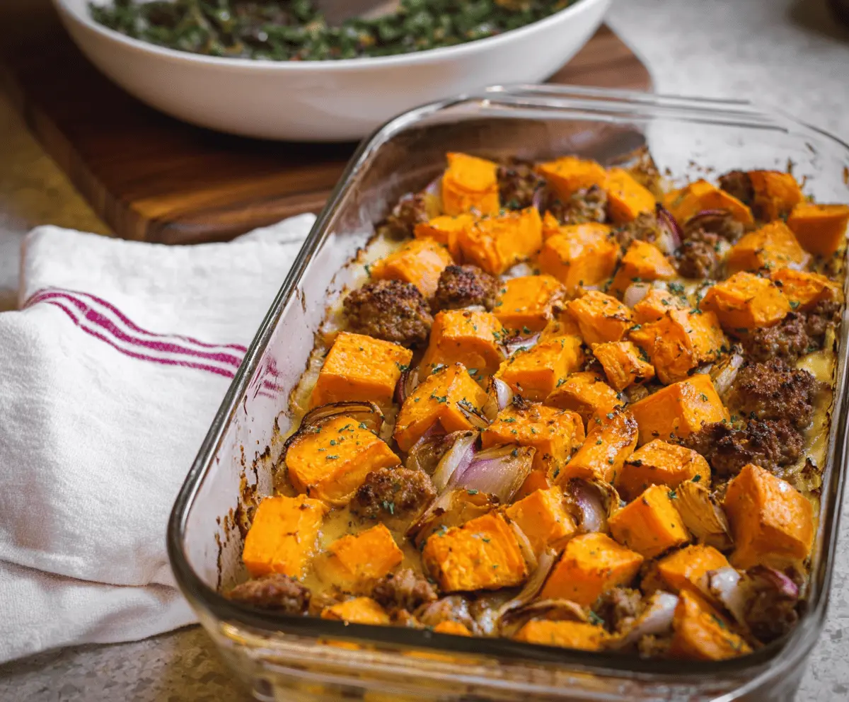 Delicious sausage and sweet potato casserole baked to perfection with golden cheese on top.