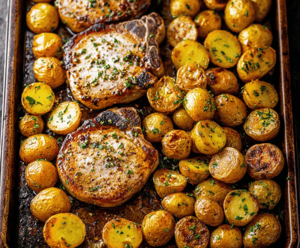 Delicious sheet pan pork chops with roasted potatoes and vegetables, perfect for a quick and easy dinner.