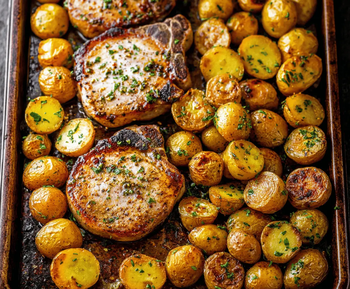 Delicious sheet pan pork chops with roasted potatoes and vegetables, perfect for a quick and easy dinner.