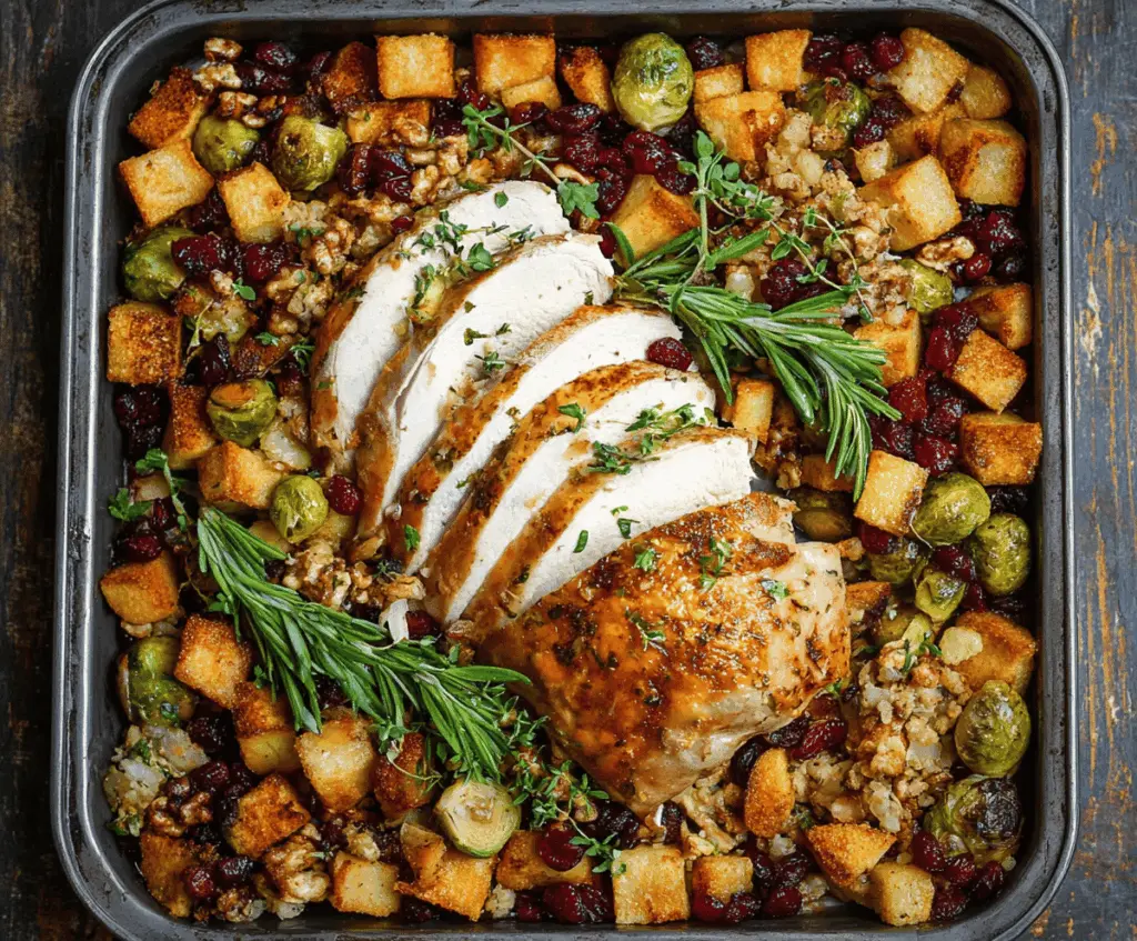 Delicious Sheet Pan Turkey Dinner with roasted turkey, vegetables, and gravy served on a baking sheet