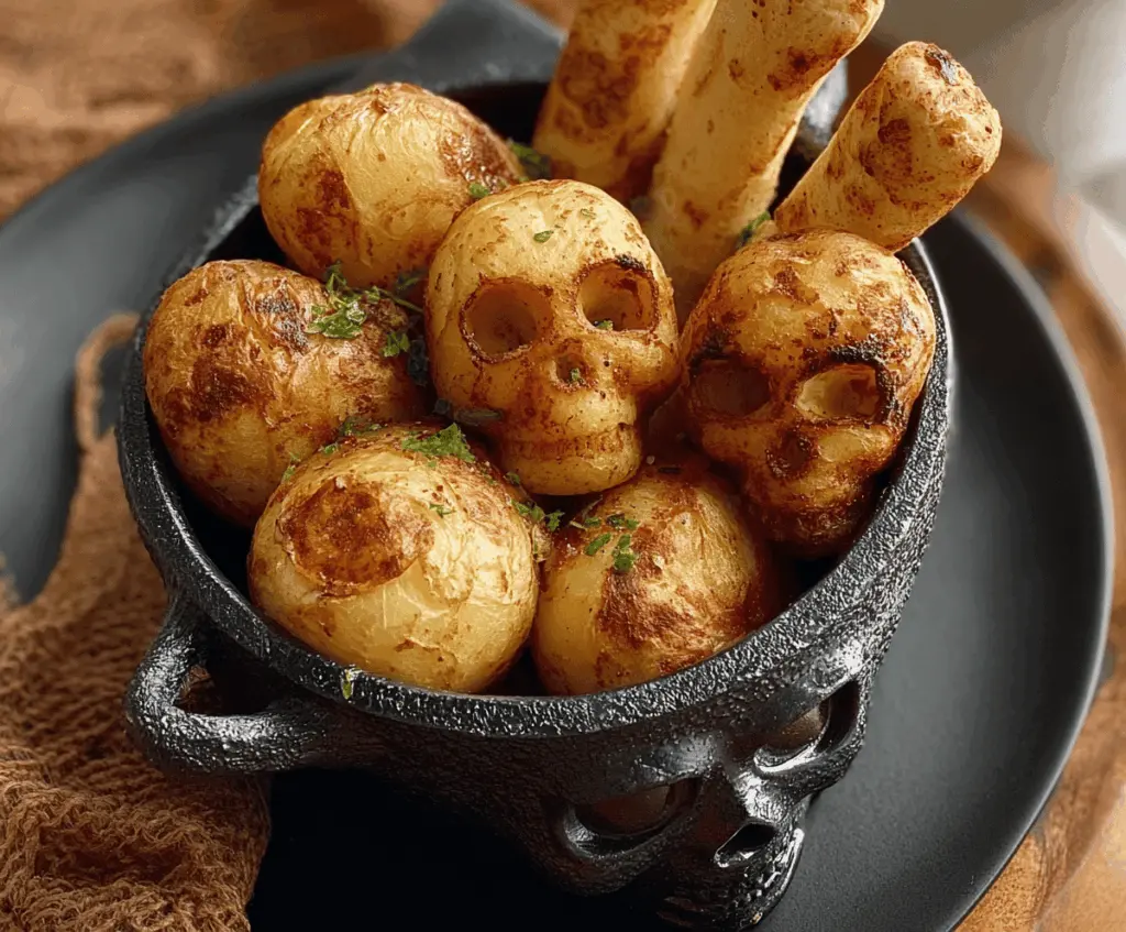Spooky Skull Potatoes with Bone-Shaped Breadsticks for Halloween Party