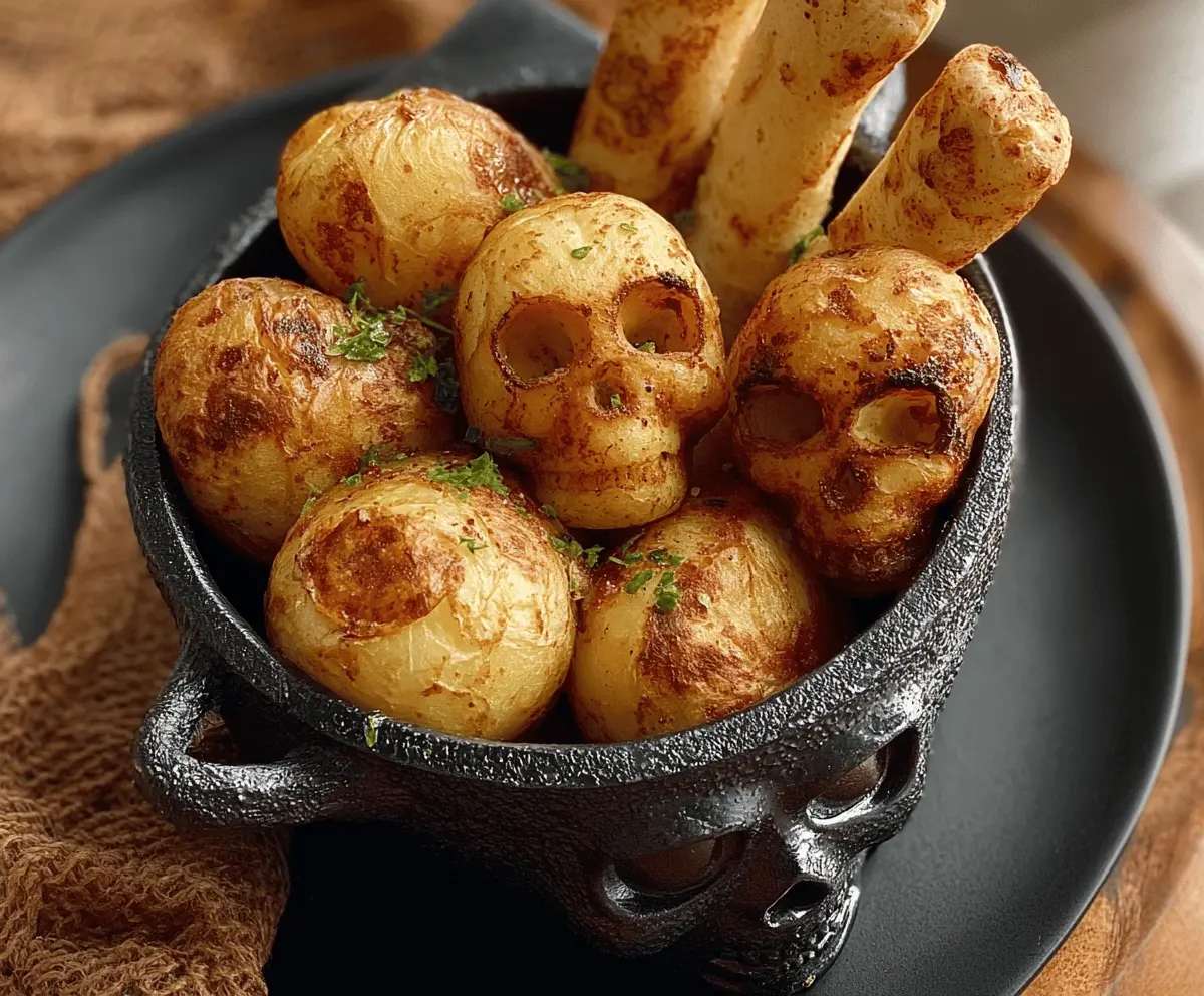 Spooky Skull Potatoes with Bone-Shaped Breadsticks for Halloween Party