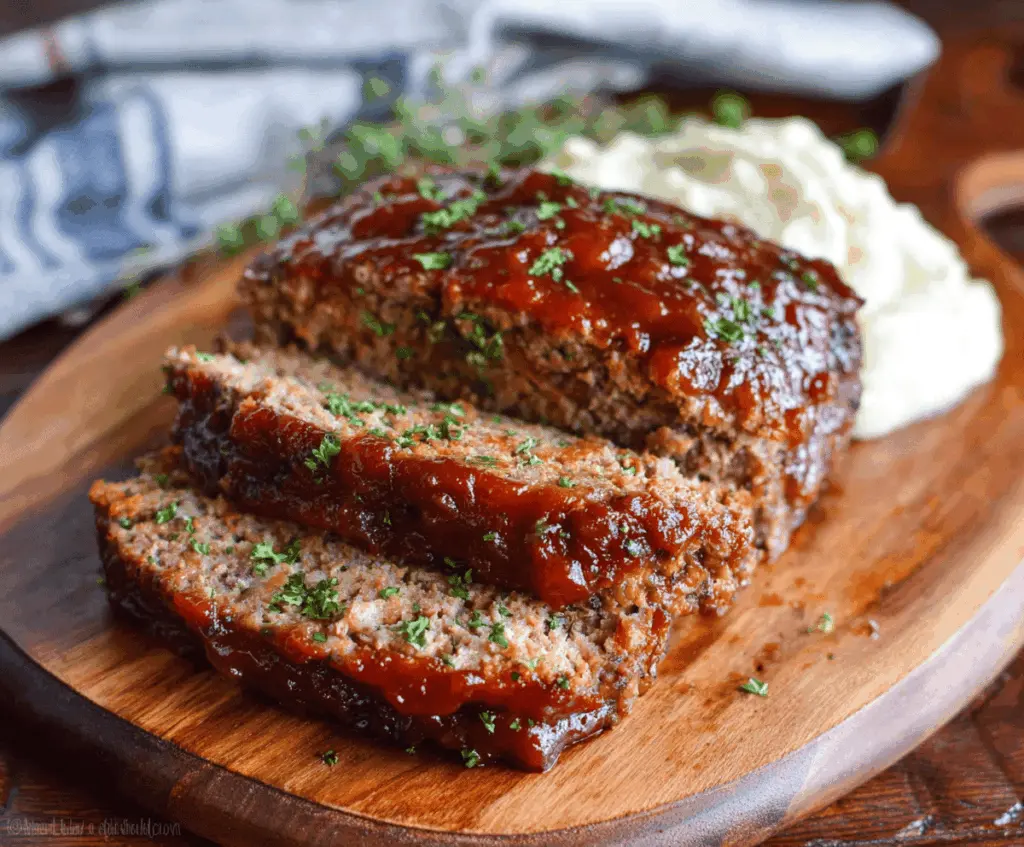 Delicious homemade slow cooker meatloaf garnished with fresh herbs, served with mashed potatoes and vegetables on a dinner plate