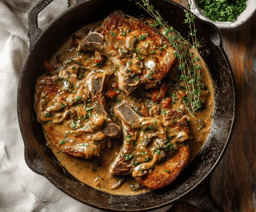 Juicy smothered pork chops topped with gravy and served with mashed potatoes and steamed vegetables on a plate.
