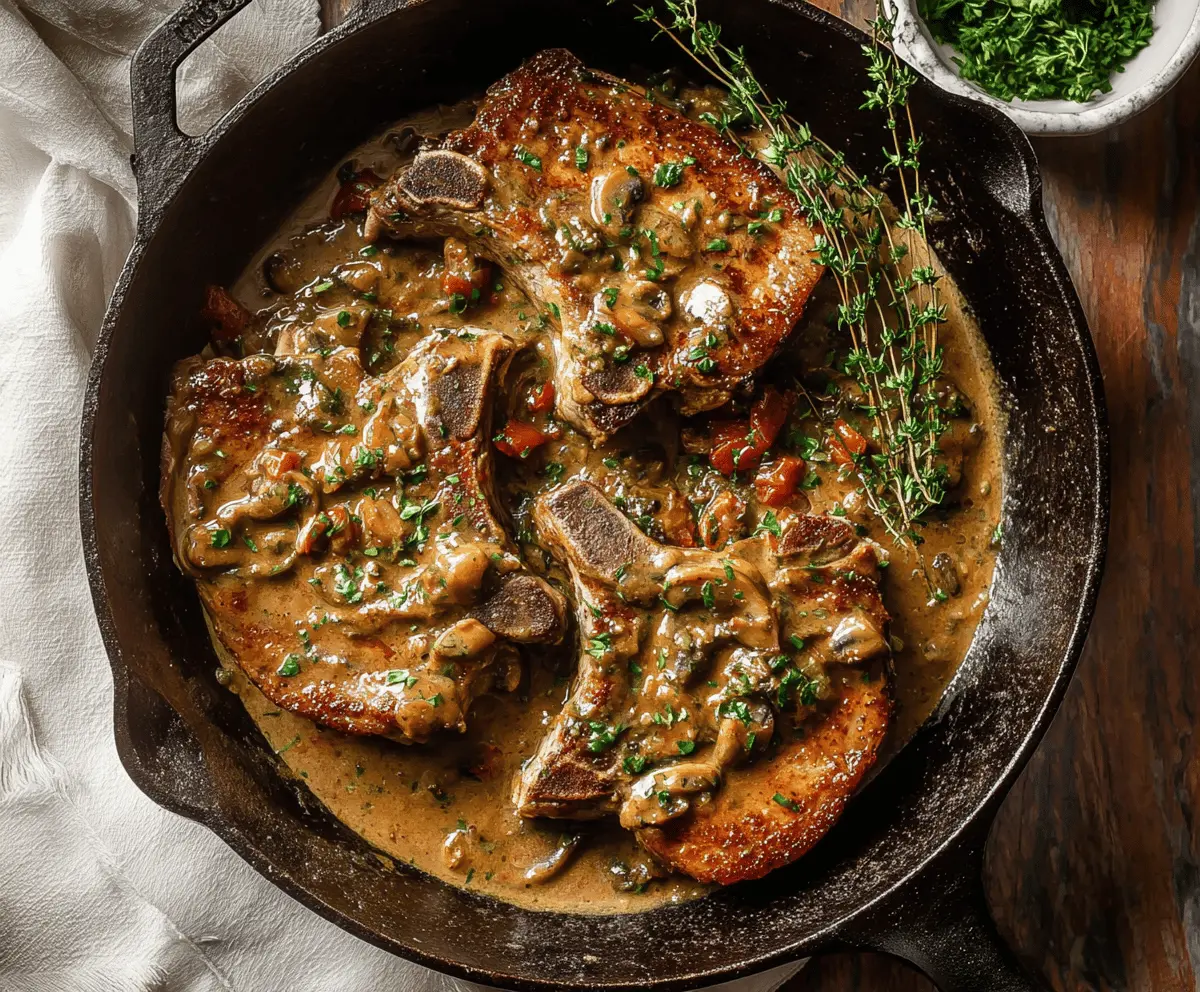 Juicy smothered pork chops topped with gravy and served with mashed potatoes and steamed vegetables on a plate.