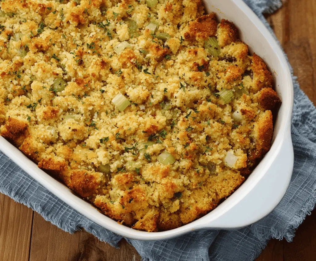 Delicious Southern Cornbread Dressing served on a rustic plate, perfect for holiday dinners.
