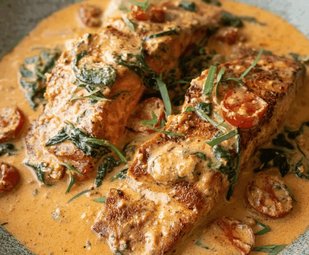 Delicious Spicy Creamy Cajun Salmon fillet garnished with fresh herbs on a plate, showcasing a flavorful Cajun spice crust and creamy sauce perfect for a savory seafood meal.