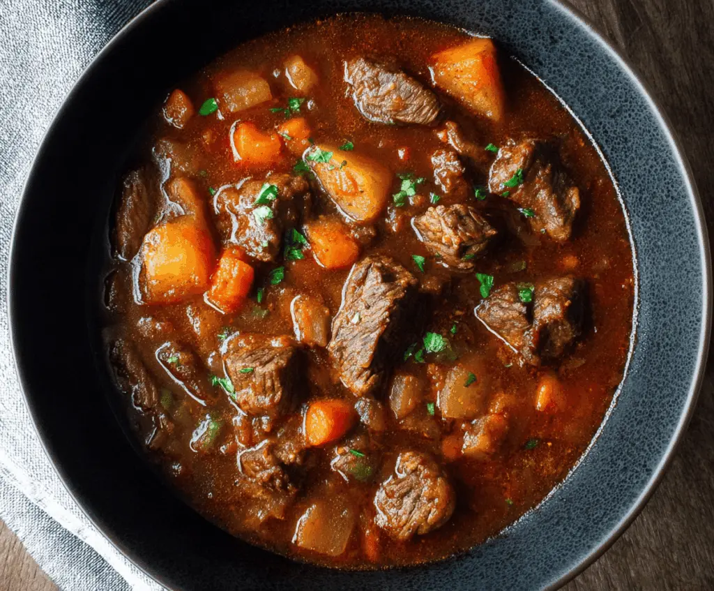 Hearty stovetop beef stew with tender beef chunks, vegetables, and rich broth served in a rustic bowl.