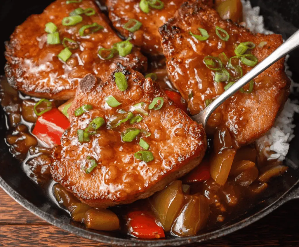 Delicious sweet and sour pork chops with crispy edges and vibrant sauce served on a plate.