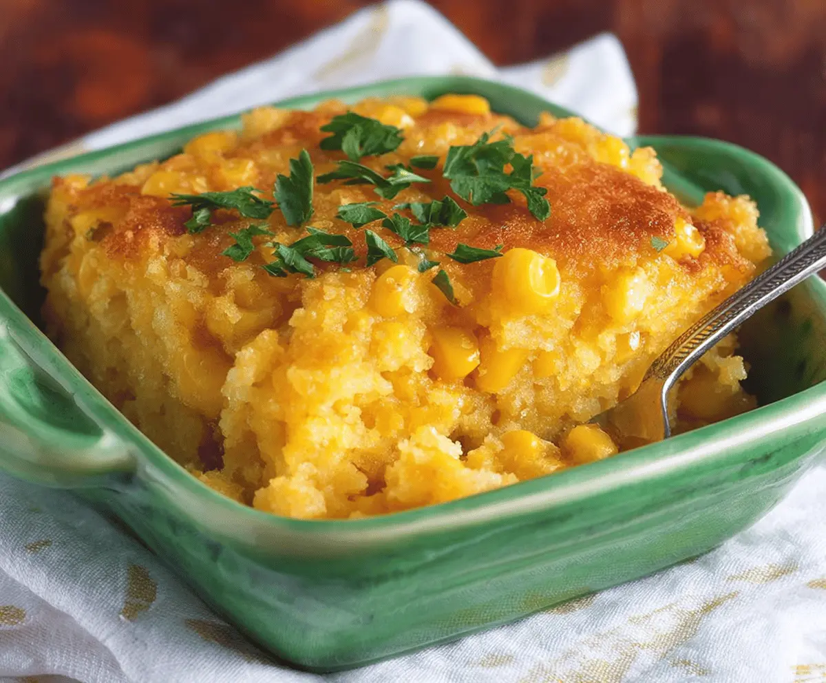 Delicious sweet corn casserole served hot with golden brown topping, perfect for family dinners.