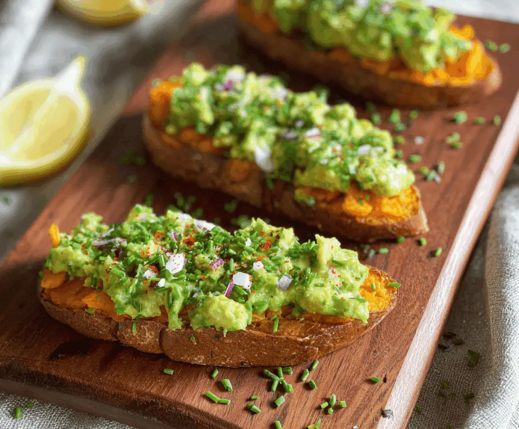 Creamy mashed avocado topped with roasted sweet potato slices on whole-grain toast, garnished with microgreens for a nutritious Sweet Potato Avocado Toast recipe.