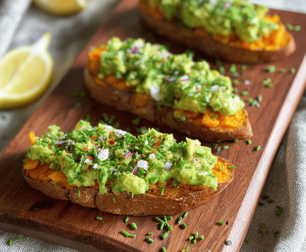 Creamy mashed avocado topped with roasted sweet potato slices on whole-grain toast, garnished with microgreens for a nutritious Sweet Potato Avocado Toast recipe.