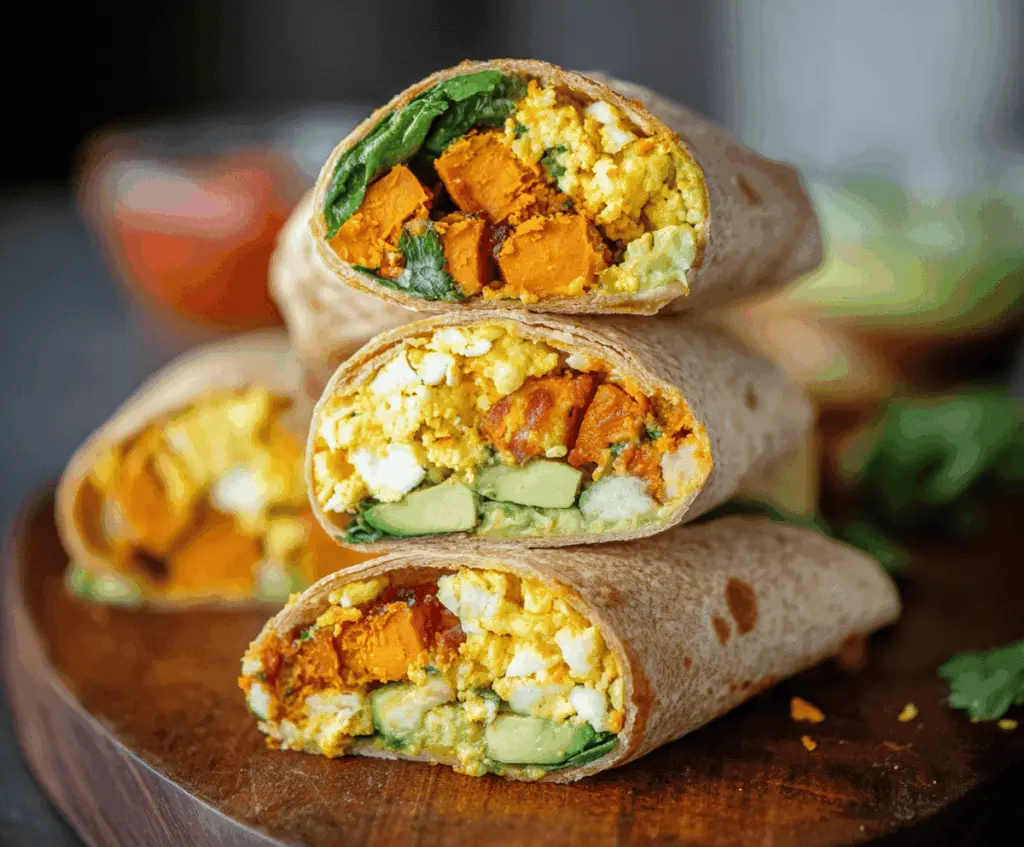 Delicious homemade sweet potato breakfast burritos filled with scrambled eggs, black beans, cheese, and fresh vegetables, wrapped in warm tortillas.