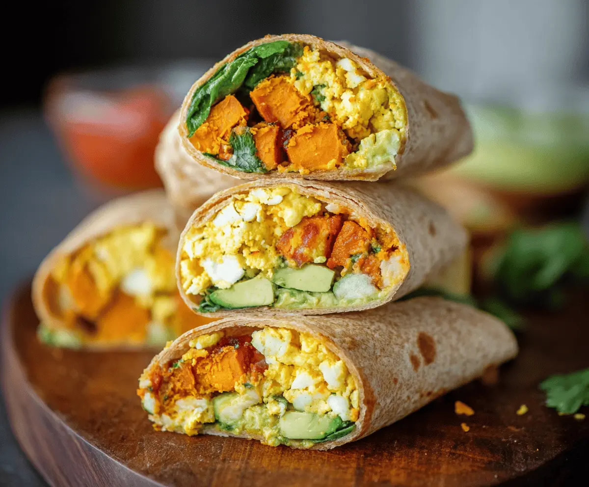 Delicious homemade sweet potato breakfast burritos filled with scrambled eggs, black beans, cheese, and fresh vegetables, wrapped in warm tortillas.