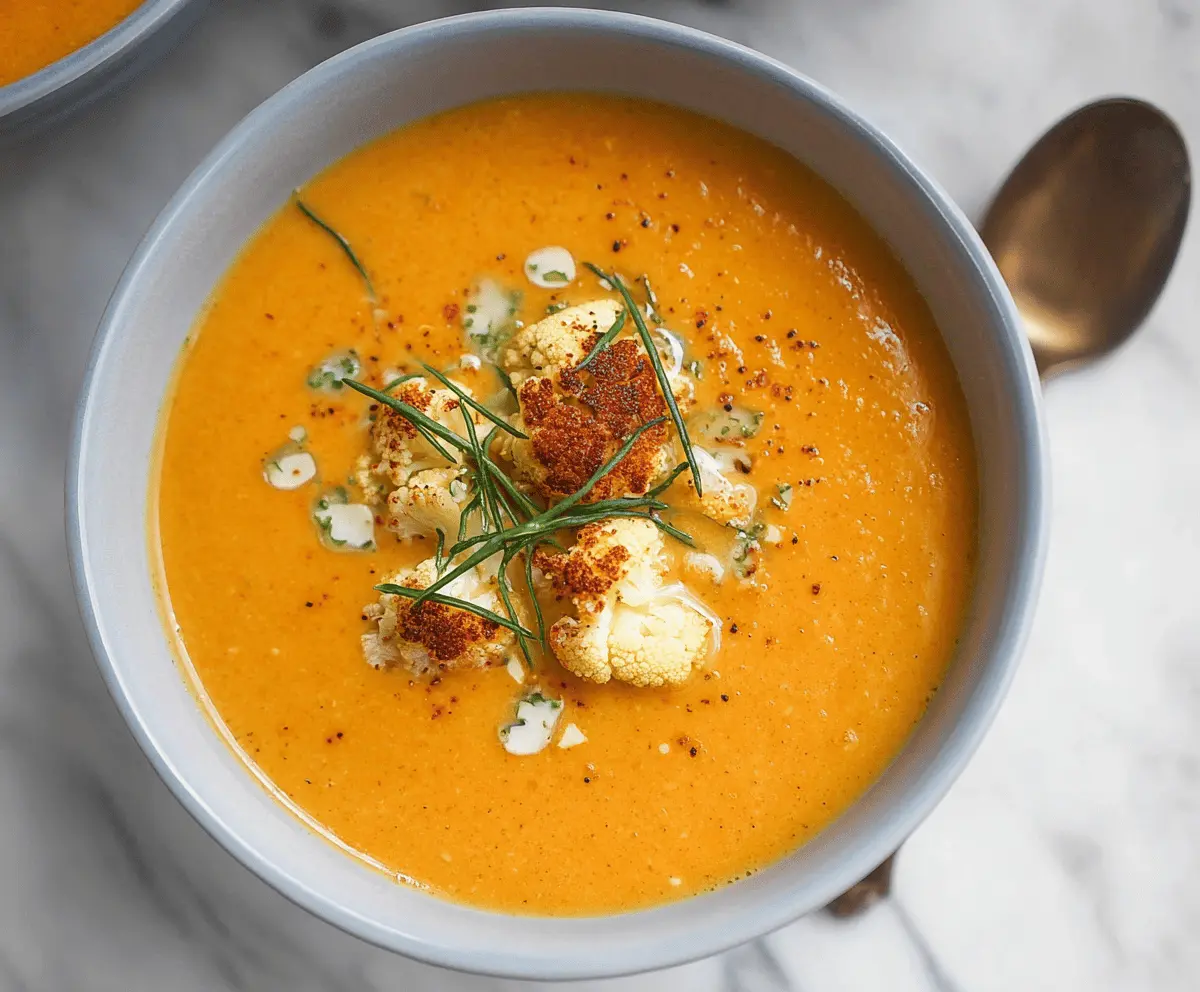 Creamy Sweet Potato Cauliflower Soup served in a bowl with fresh herbs and a drizzle of olive oil, perfect for a cozy and healthy meal