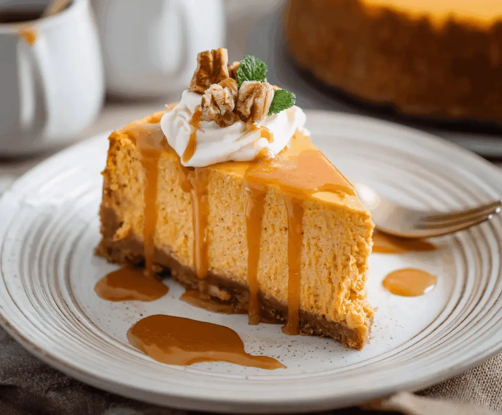 Creamy sweet potato cheesecake topped with whipped cream and caramel drizzle, served on a decorative plate